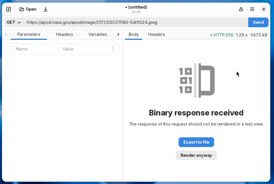 Cartero detecting a binary request shows an error that says "Binary response received"