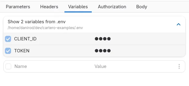A screenshot shows the Variables tab. There is a table captioned "Show 2 variables from .env" with two rows: CLIENT_ID and TOKEN.
