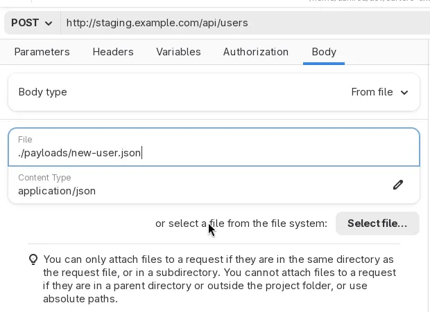 A screenshot for the Body tab shows the dropdown Body type with the value From file, there are two options: File and Content Type