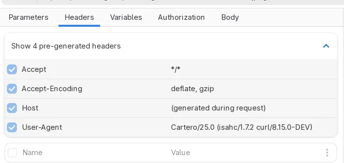 A screenshot of the Headers tab shows a table with the legend "Show 4 pre-generated headers". There are four rows: Accept, Accept-Encoding, Host and User-Agent, with their respective values