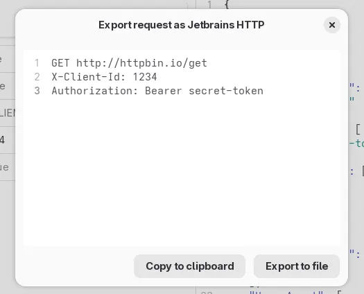 A dialog titled Export request as Jetbrains HTTP shows an HTTP request in the IJHTTP format