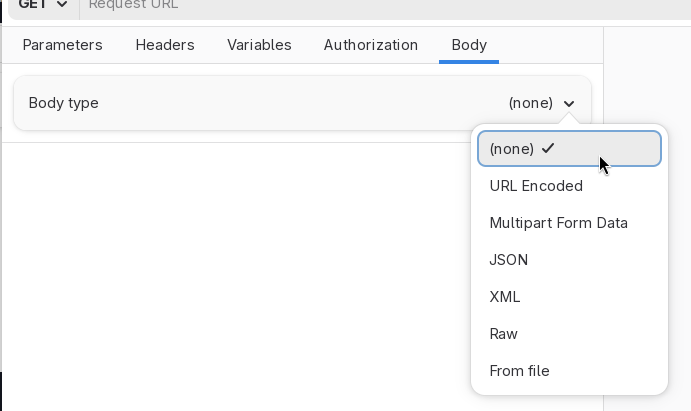 The dropdown menu of the Body tab