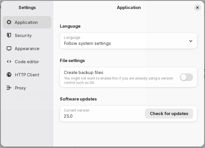 The Application tab of the Settings dialog
