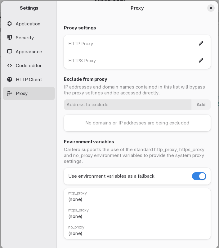 The Proxy tab of the Settings dialog