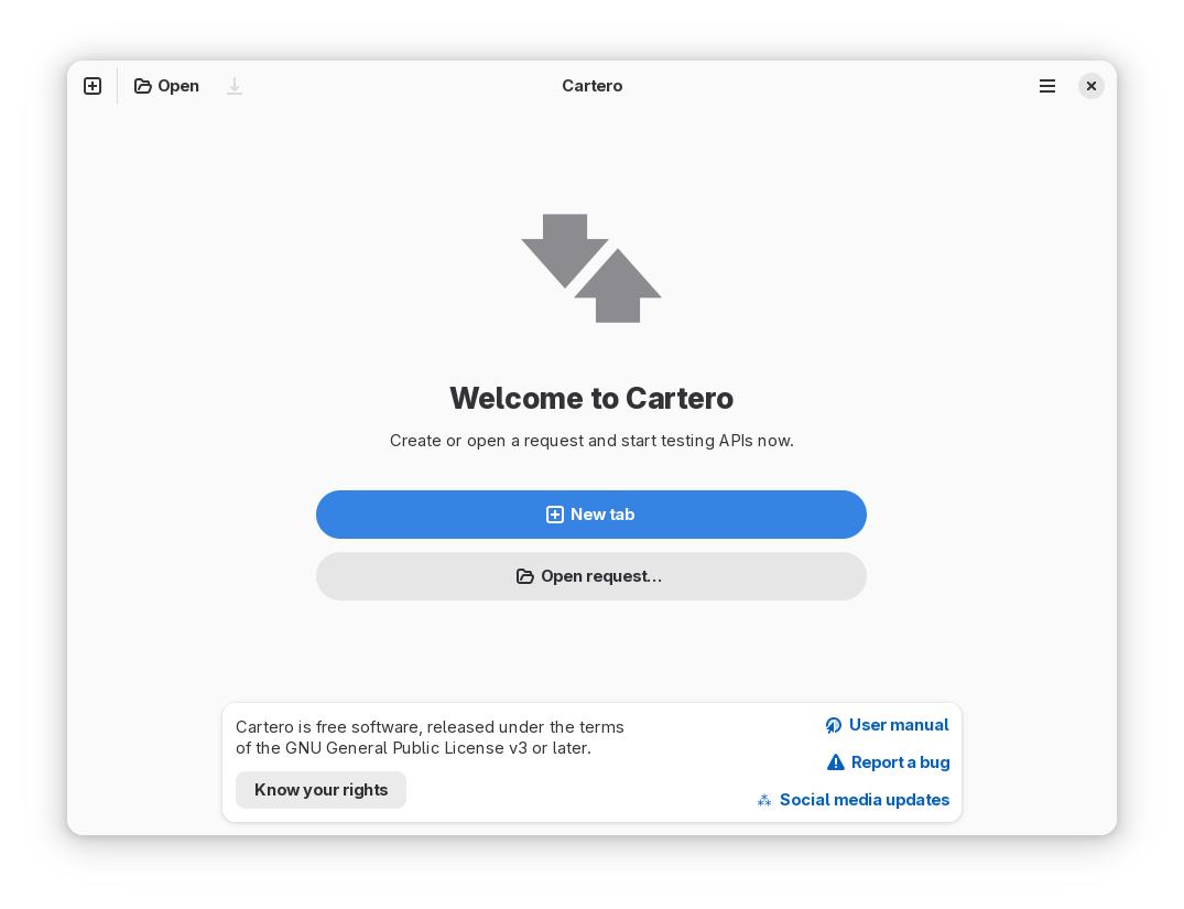 A screenshot of Cartero shows the message 'Welcome to Cartero'