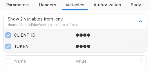 An action row showing the env variables in use