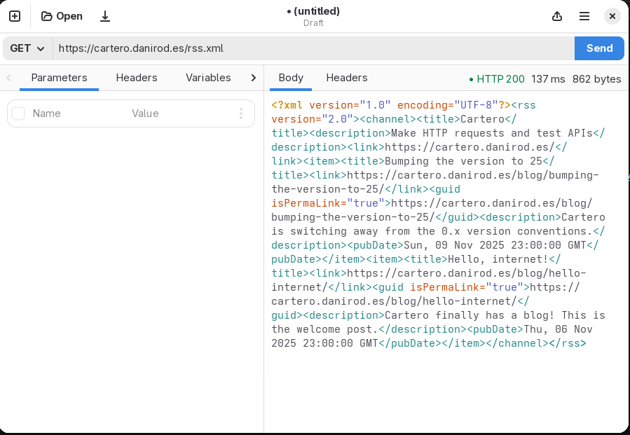 An example response presents an XML document