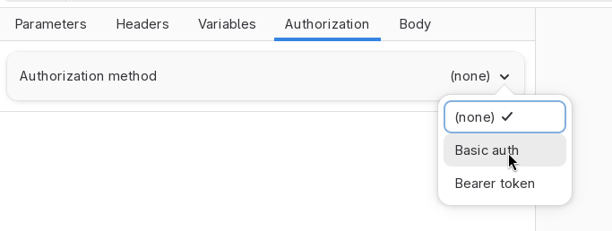 The dropdown menu of the Authorization tab