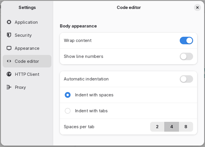 The Code editor tab of the Settings dialog