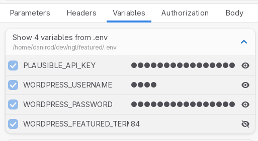 An action row showing the env variables in use