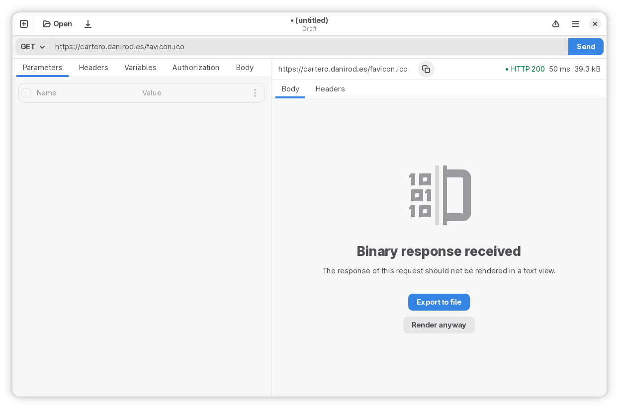 A warning alerting the user that the received response is binary