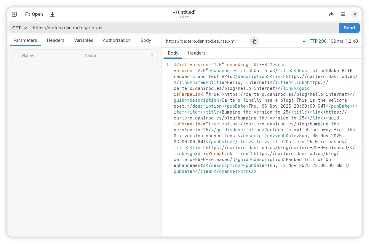 An example response presents an XML document