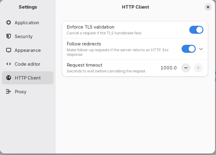 The HTTP tab of the Settings dialog