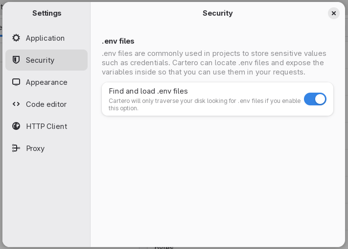 The security page of the settings