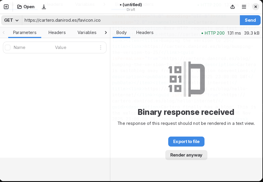 A warning alerting the user that the received response is binary