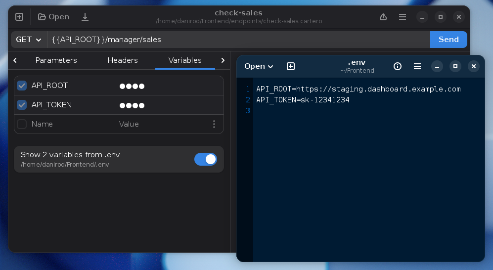 A screenshot of Cartero showing a request with environment variables that are being picked from a file as described above