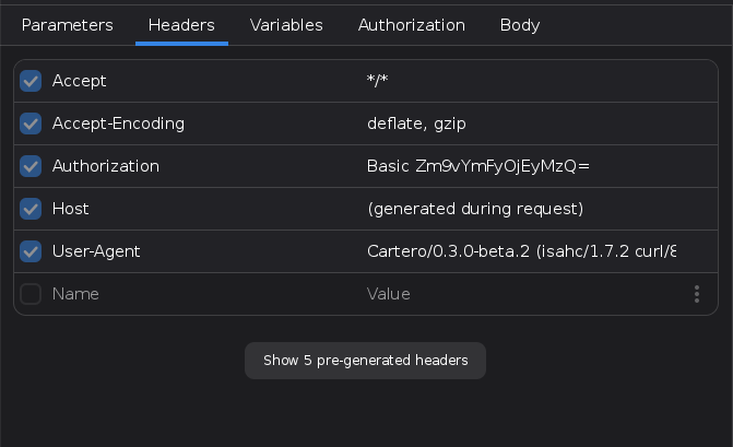 A screenshot of Cartero showing some headers