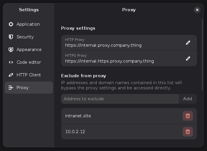 A screenshot of the settings dialog of Cartero showing the proxy configuration